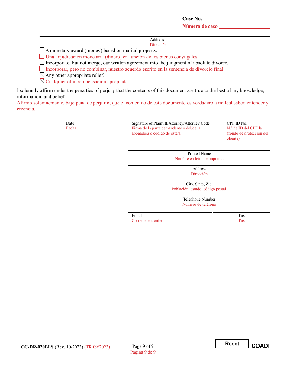 Form CC-DR-020BLS Complaint for Absolute Divorce - Maryland (English / Spanish), Page 9