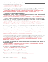 Form 9-102.5 (CC-DR-103BLS) Consent of Child to a Public Agency Adoption or Private Agency Adoption - Maryland (English/Spanish), Page 2