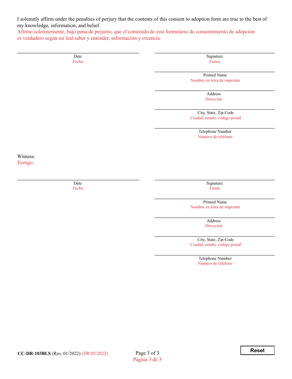 Form 9-102.5 (CC-DR-103BLS) Consent of Child to a Public Agency Adoption or Private Agency Adoption - Maryland (English / Spanish), Page 3