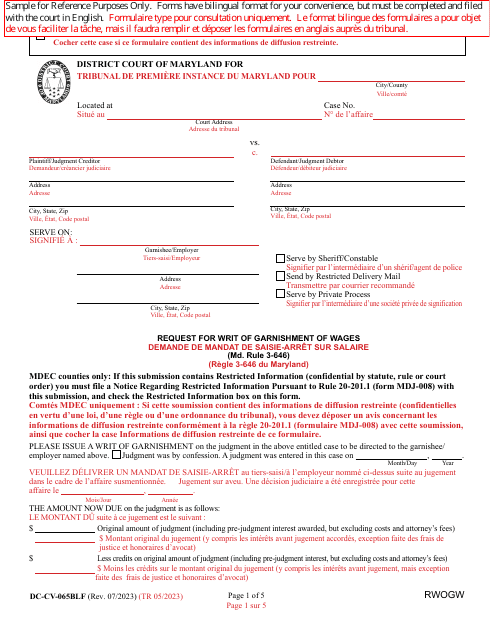Form DC-CV-065BLF Request for Writ of Garnishment of Wages - Maryland (English/French)