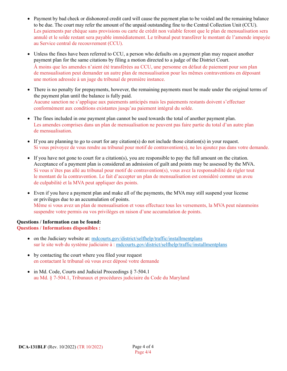 Form DCA-131BLF Request for Traffic Violation(S) Payment Plan - Maryland (English / French), Page 4
