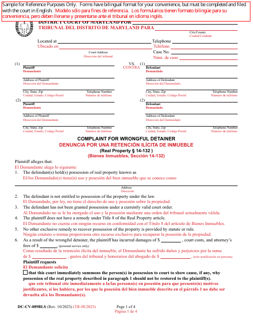 Form DC-CV-089BLS Complaint for Wrongful Detainer - Maryland (English/Spanish)