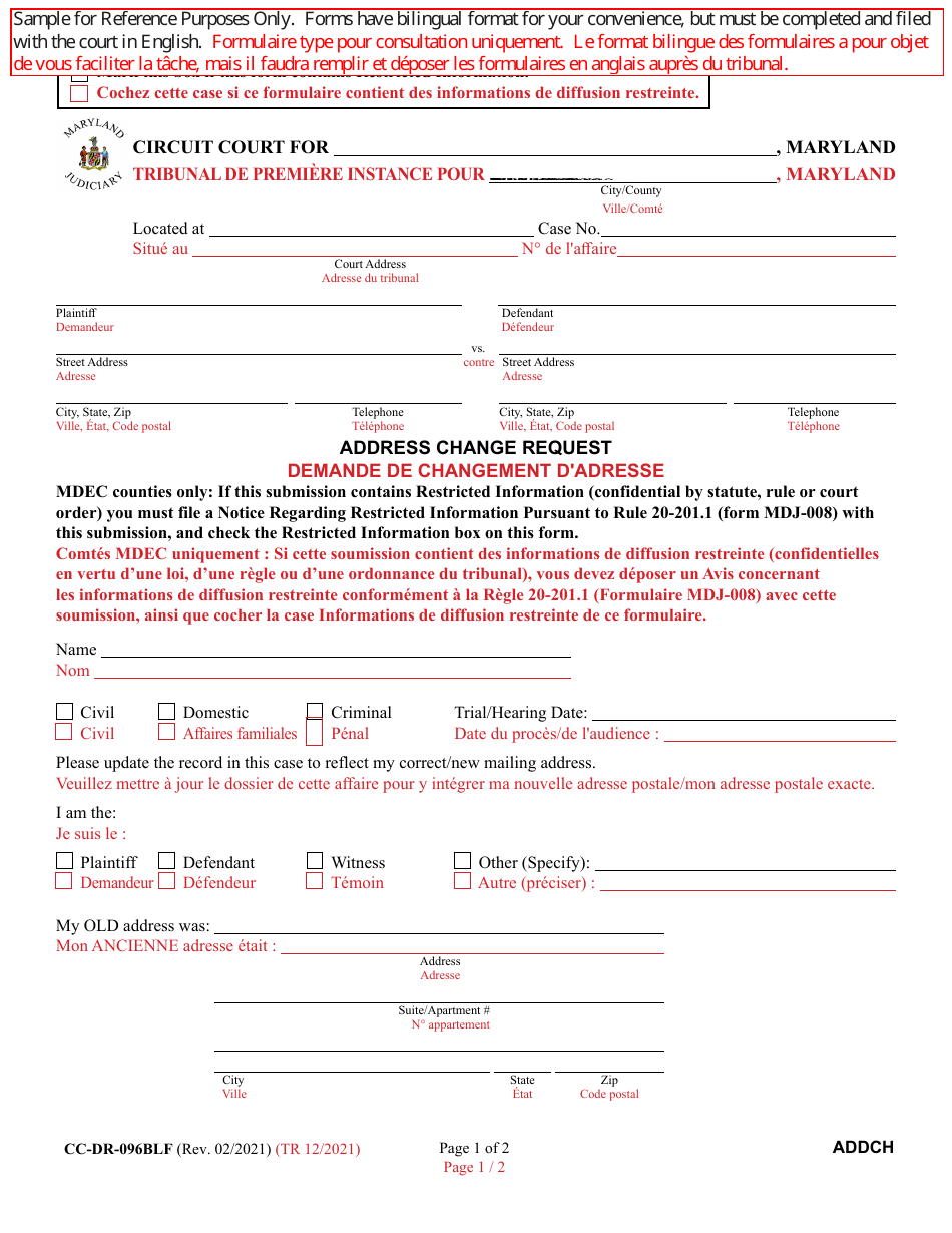 Form CC-DR-096BLF Address Change Request - Maryland (English / French), Page 1