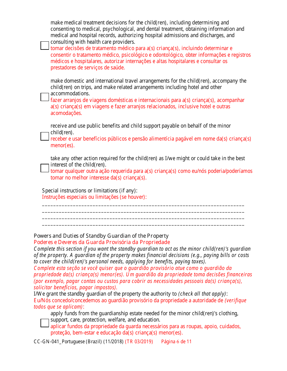 Form CC-GN-041PORTUGESE Parental Designation and Consent to the Beginning of Standby Guardianship - Maryland (English / Portuguese), Page 6