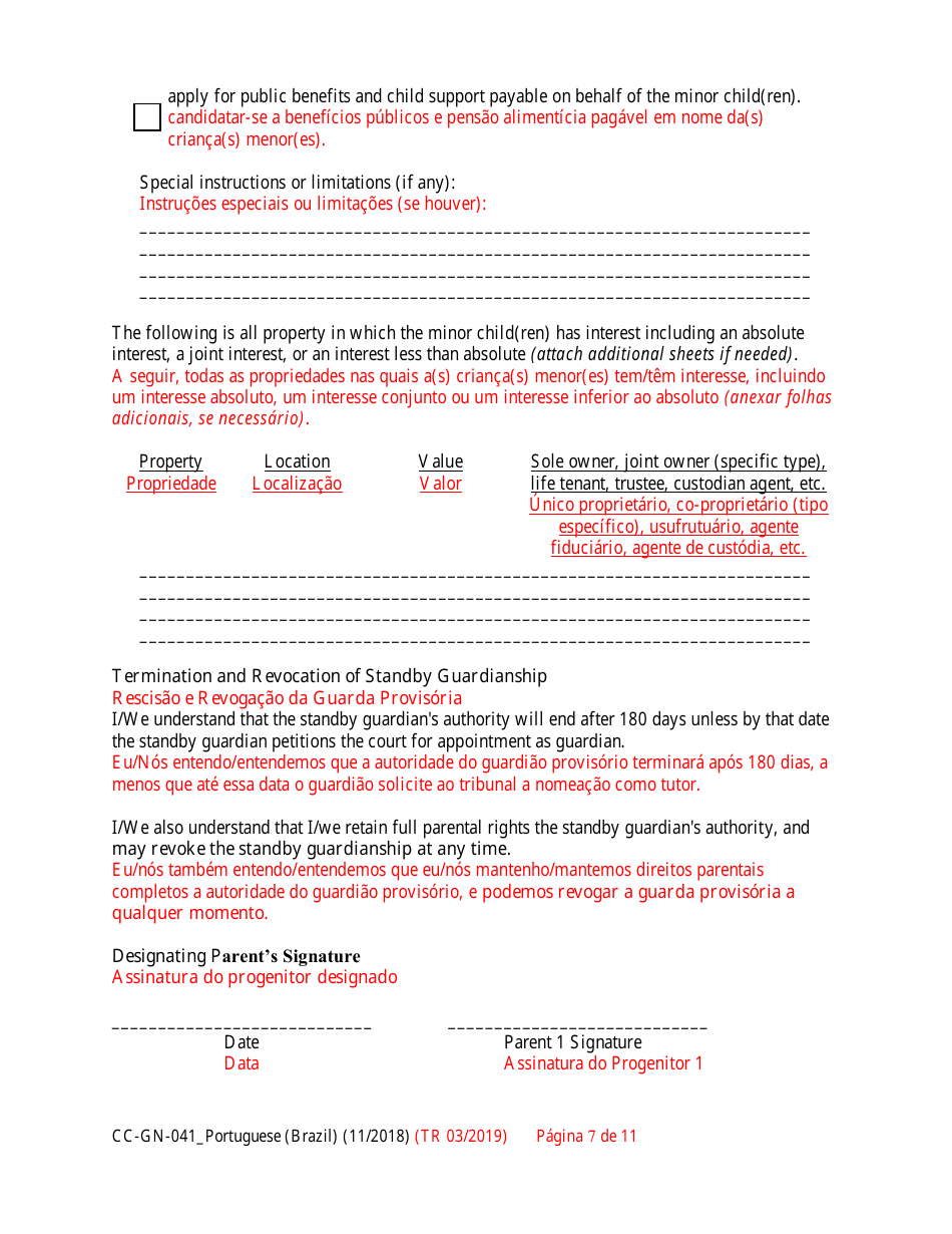 Form CC-GN-041PORTUGESE Parental Designation and Consent to the Beginning of Standby Guardianship - Maryland (English / Portuguese), Page 7