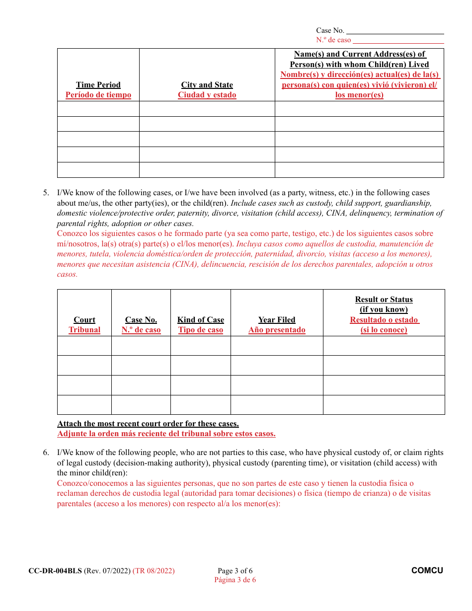 Form CC-DR-004BLS Complaint for Custody - Maryland (English / Spanish), Page 3