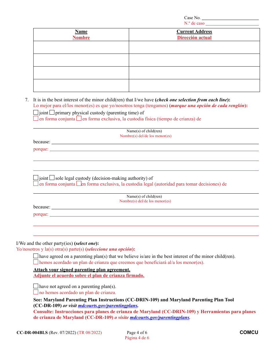 Form CC-DR-004BLS Complaint for Custody - Maryland (English / Spanish), Page 4