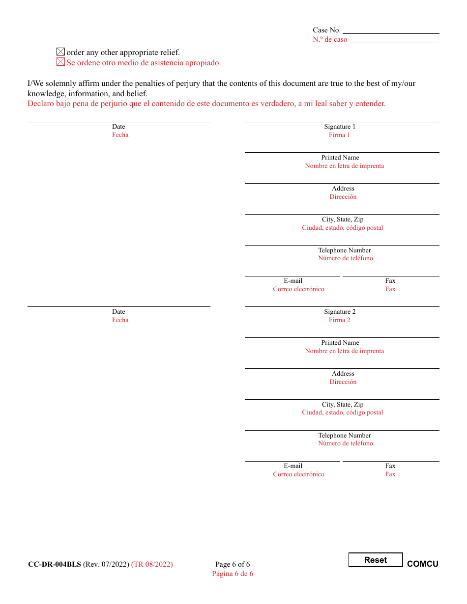 Form CC-DR-004BLS Complaint for Custody - Maryland (English / Spanish), Page 6