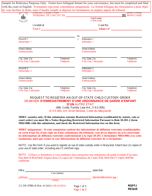 Form CC-DR-079BLF Request to Register an Out-of-State Child Custody Order - Maryland (English/French)