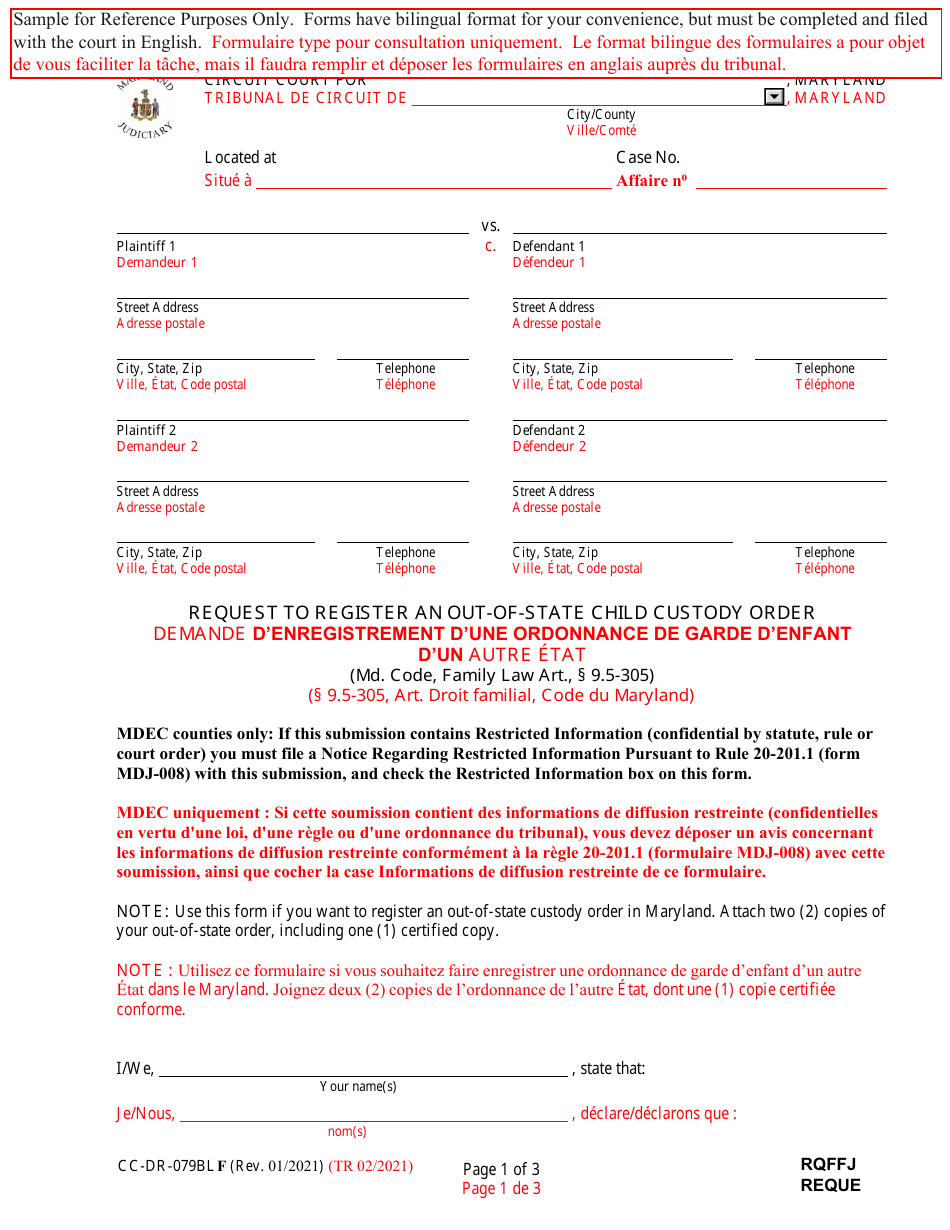 Form CC-DR-079BLF Request to Register an Out-of-State Child Custody Order - Maryland (English / French), Page 1