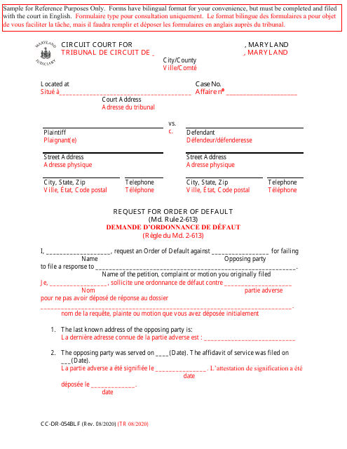 Form CC-DR-054BLF Request for Order of Default - Maryland (English/French)