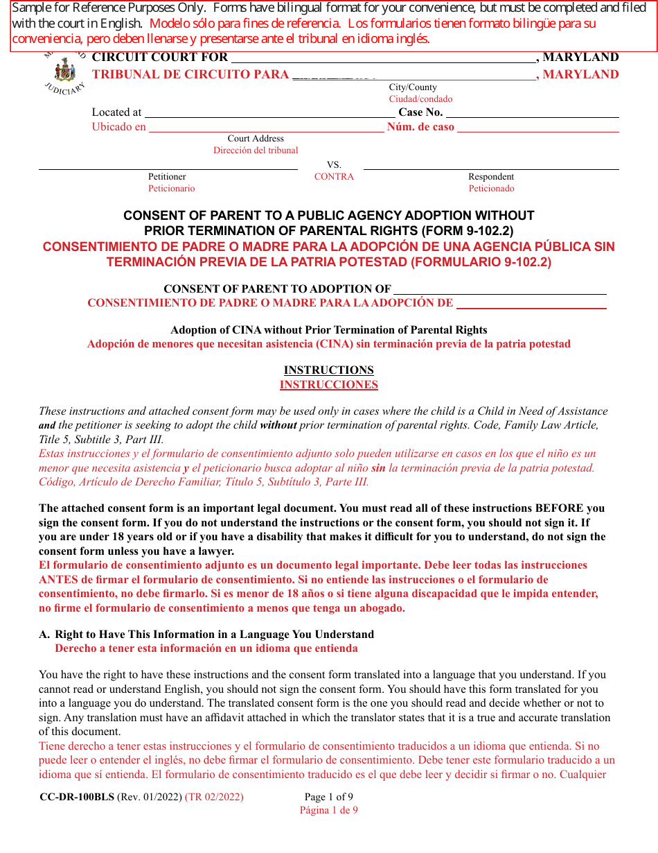 Form 9-102.2 (CC-DR-100BLS) Consent of Parent to a Public Agency Adoption Without Prior Termination of Parental Rights - Maryland (English / Spanish), Page 1