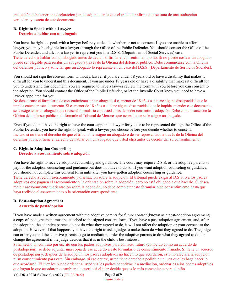 Form 9-102.2 (CC-DR-100BLS) Consent of Parent to a Public Agency Adoption Without Prior Termination of Parental Rights - Maryland (English / Spanish), Page 2