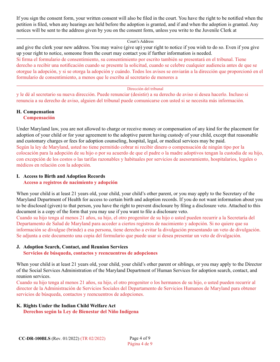 Form 9-102.2 (CC-DR-100BLS) Consent of Parent to a Public Agency Adoption Without Prior Termination of Parental Rights - Maryland (English / Spanish), Page 4
