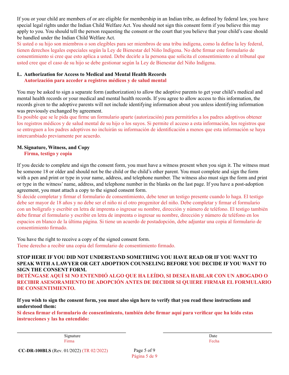 Form 9-102.2 (CC-DR-100BLS) Consent of Parent to a Public Agency Adoption Without Prior Termination of Parental Rights - Maryland (English / Spanish), Page 5