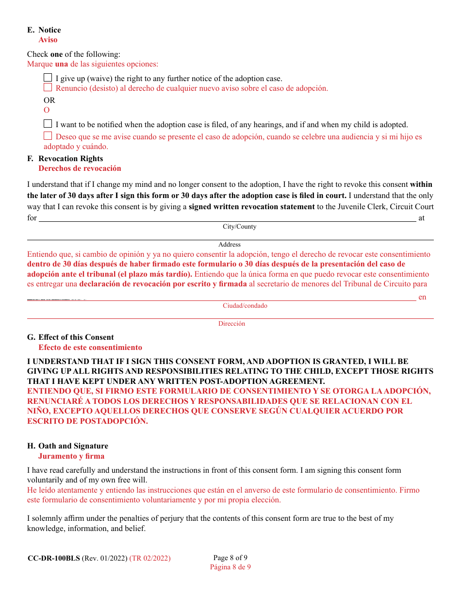 Form 9-102.2 (CC-DR-100BLS) Consent of Parent to a Public Agency Adoption Without Prior Termination of Parental Rights - Maryland (English / Spanish), Page 8