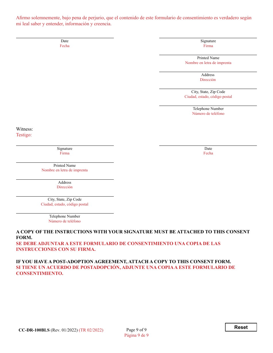 Form 9-102.2 (CC-DR-100BLS) Consent of Parent to a Public Agency Adoption Without Prior Termination of Parental Rights - Maryland (English / Spanish), Page 9