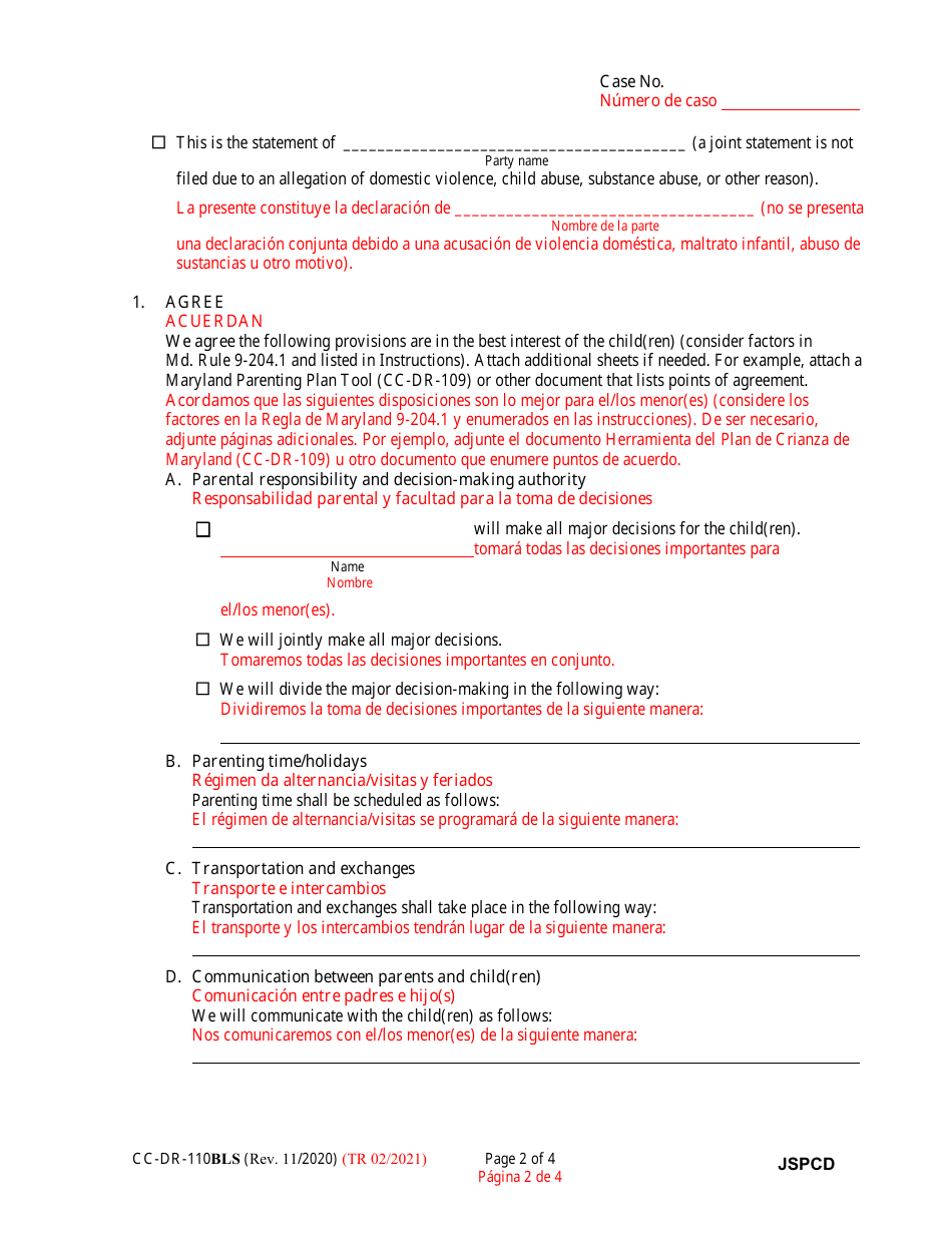 Form CC-DR-110BLS Joint Statement of the Parties Concerning Decisionmaking Authority and Parenting Time - Maryland (English / Spanish), Page 2