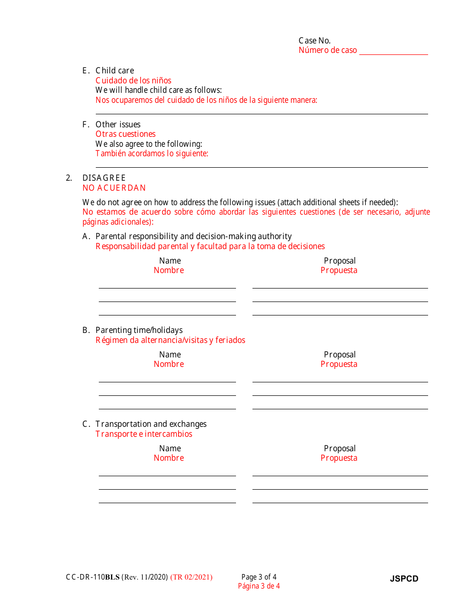 Form CC-DR-110BLS Joint Statement of the Parties Concerning Decisionmaking Authority and Parenting Time - Maryland (English / Spanish), Page 3