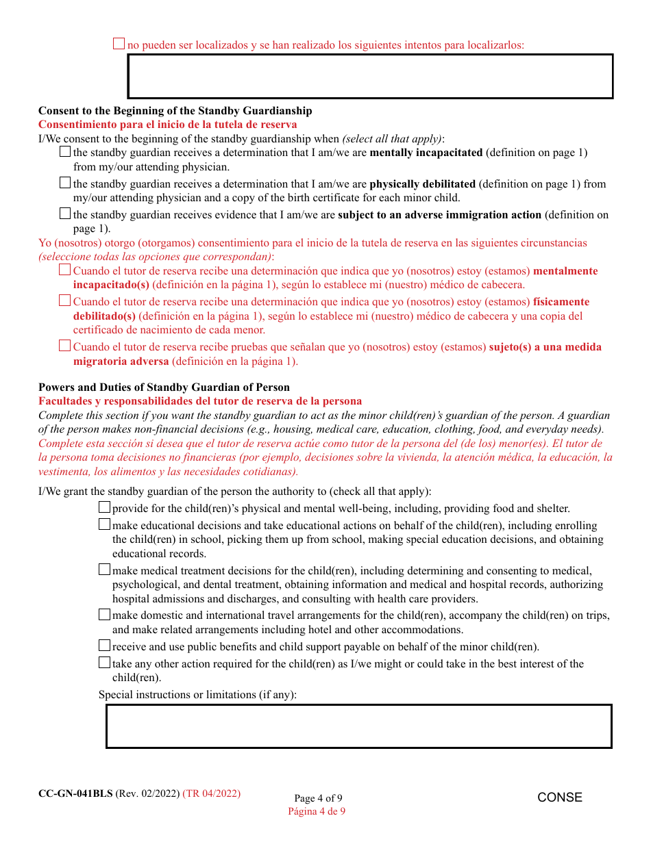 Form CC-GN-041BLS Parental Designation and Consent to the Beginning of Standby Guardianship - Maryland (English / Spanish), Page 4