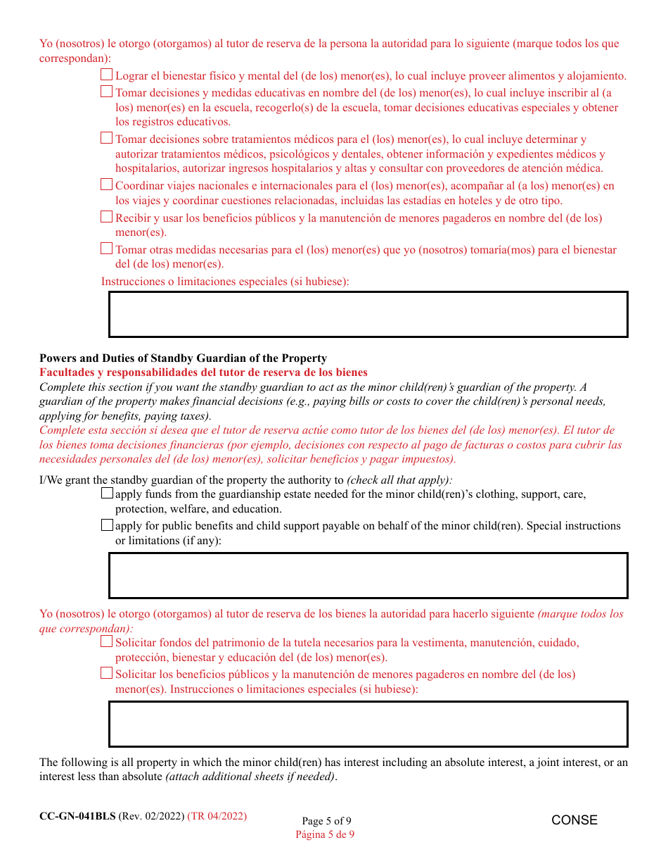 Form CC-GN-041BLS Parental Designation and Consent to the Beginning of Standby Guardianship - Maryland (English / Spanish), Page 5