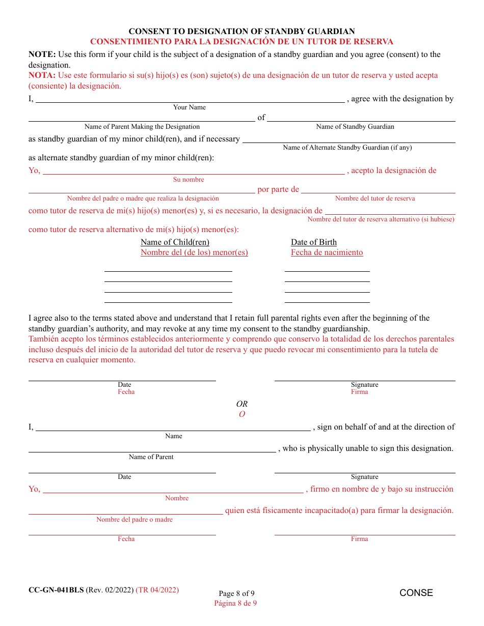 Form CC-GN-041BLS Parental Designation and Consent to the Beginning of Standby Guardianship - Maryland (English / Spanish), Page 8