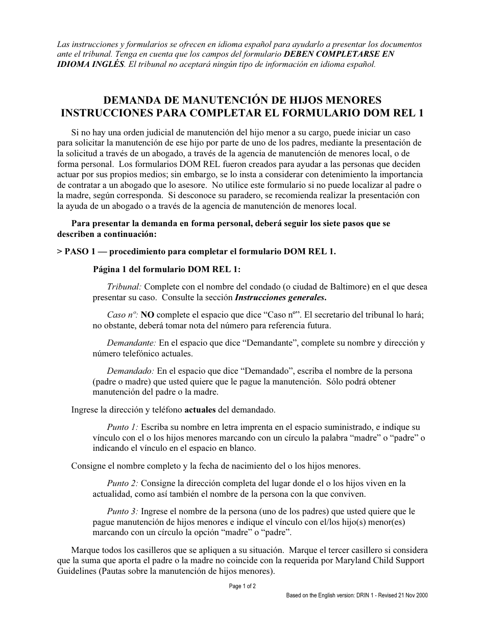 Instrucciones para Formulario DOM REL1, DR01 SP Demanda Para Manutencion De Hijos Menores - Maryland (Spanish), Page 1