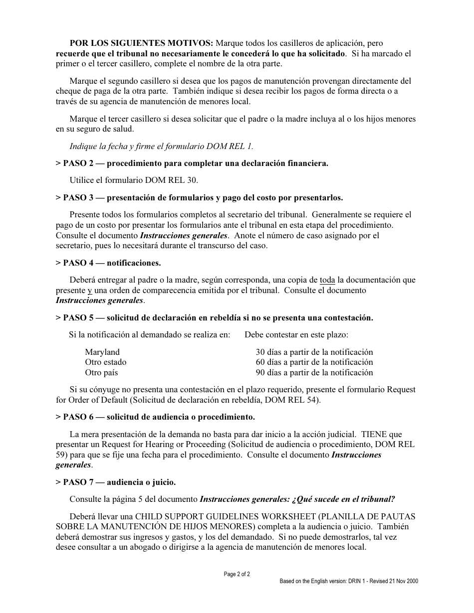 Instrucciones para Formulario DOM REL1, DR01 SP Demanda Para Manutencion De Hijos Menores - Maryland (Spanish), Page 2