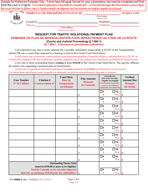 Form CC-088BLF Request for Traffic Violation(S) Payment Plan - Maryland (English/French)