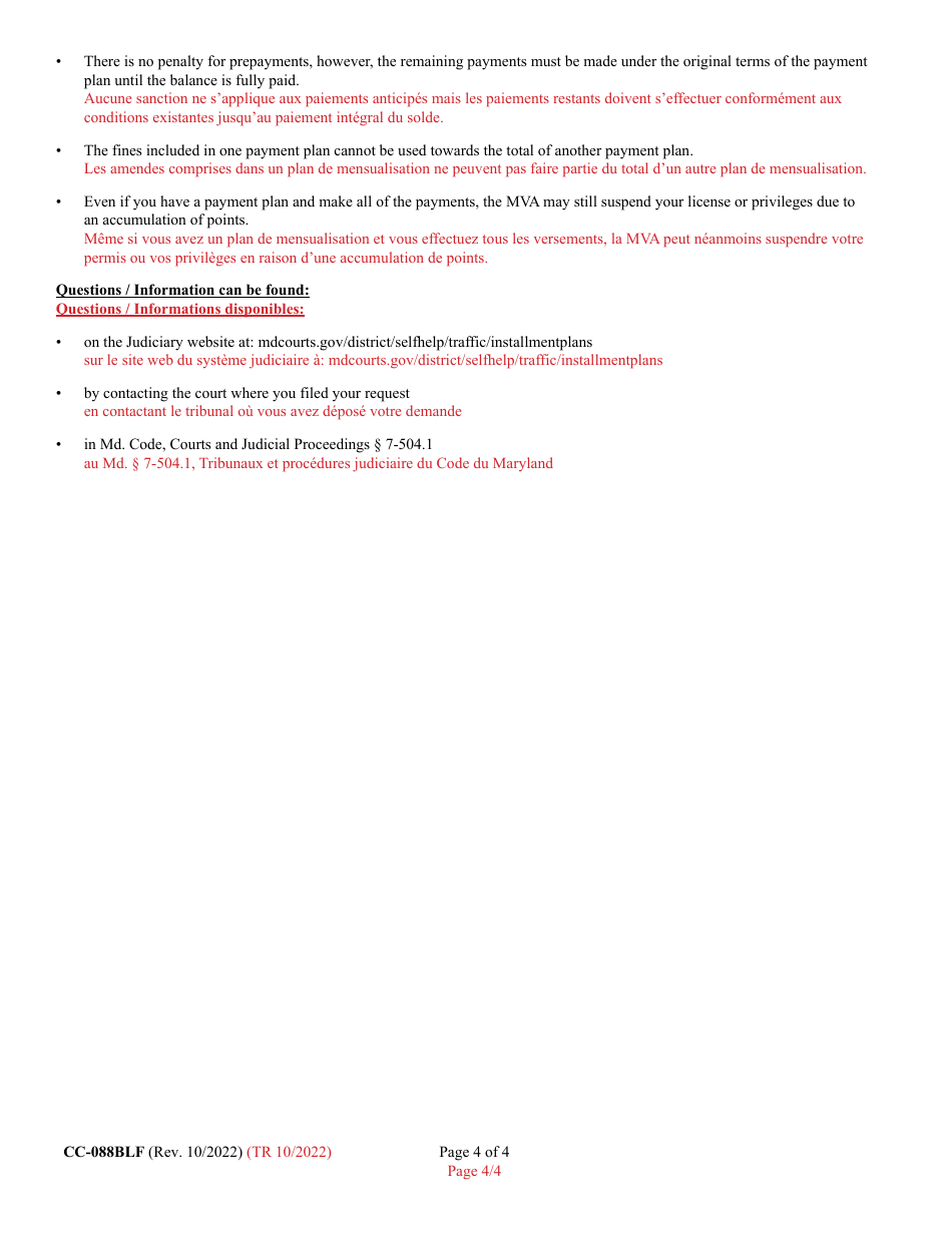 Form CC-088BLF Request for Traffic Violation(S) Payment Plan - Maryland (English / French), Page 4