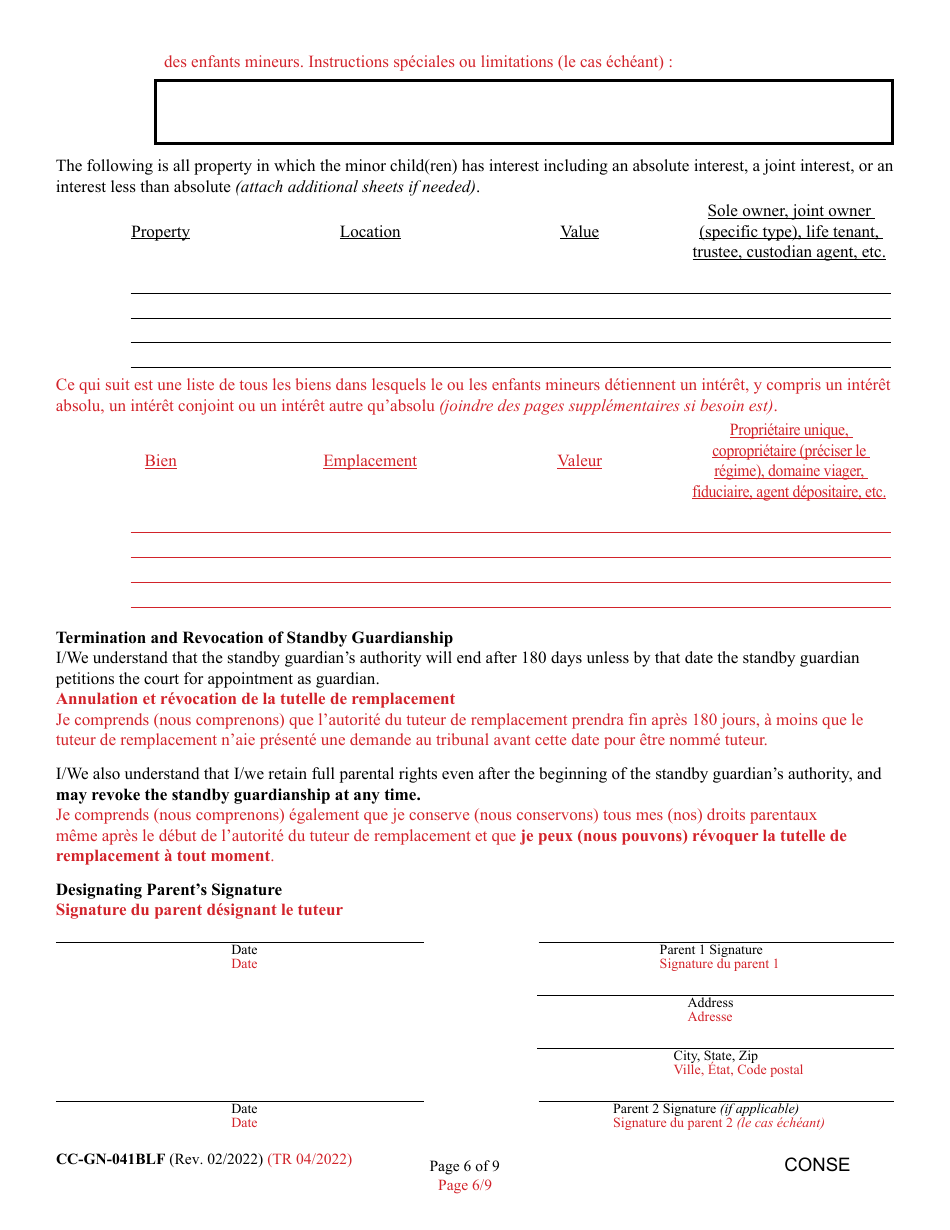 Form CC-GN-041BLF Signation and Consent to the Beginning of Standby Guardianship - Maryland (English / French), Page 6
