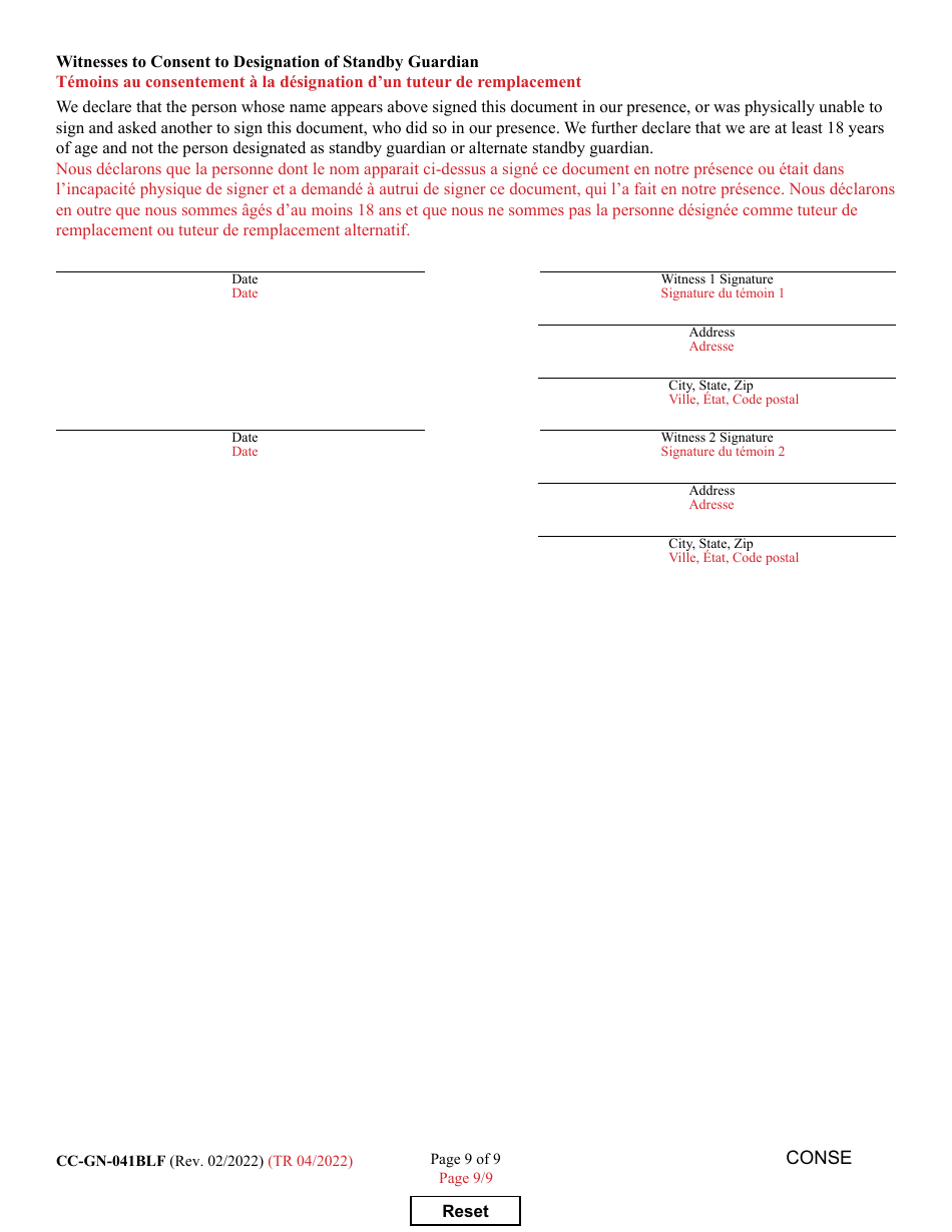 Form CC-GN-041BLF Signation and Consent to the Beginning of Standby Guardianship - Maryland (English / French), Page 9