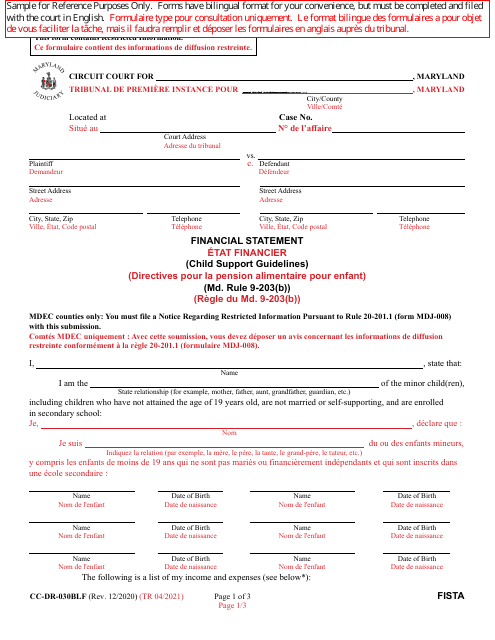 Form CC-DR-030BLF Financial Statement (Child Support Guidelines) - Maryland (English/French)
