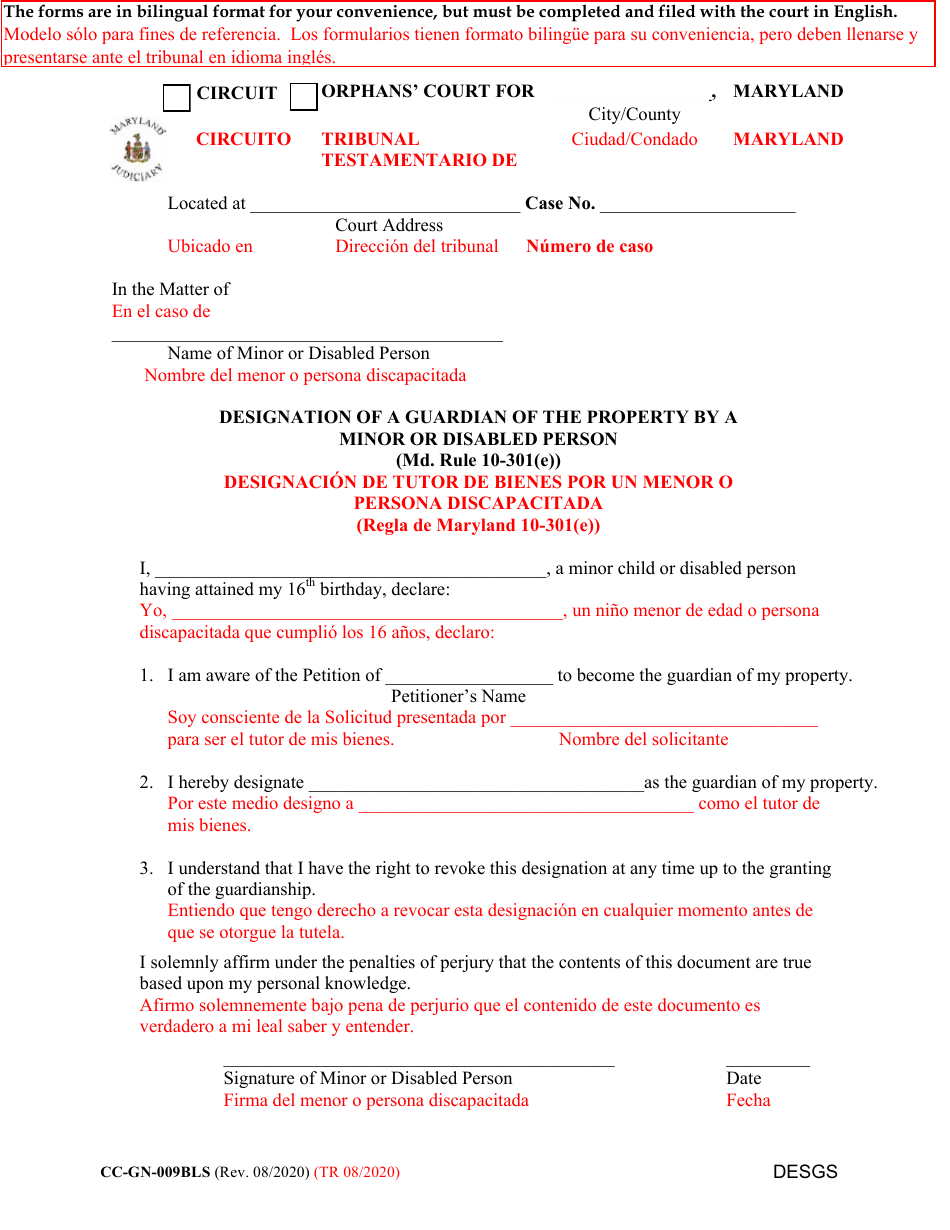 Form CC-GN-009BLS Designation of a Guardian of the Property by a Minor or Disabled Person - Maryland (English / Spanish), Page 1