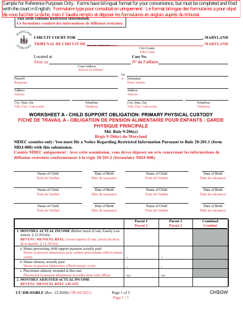 Form CC-DR-034BLF Worksheet A  Printable Pdf