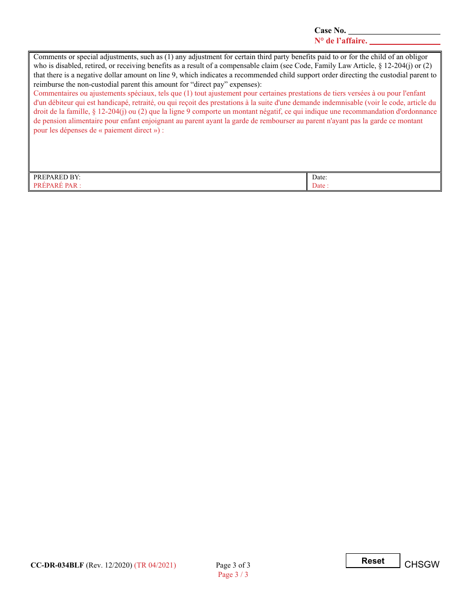 Form CC-DR-034BLF Worksheet A Child Support Obligation: Primary Physical Custody - Maryland (English / French), Page 3