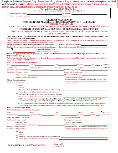 Form CC-FM-066BLS Non-resident Marriage License Application - Affidavit - Maryland (English/Spanish)