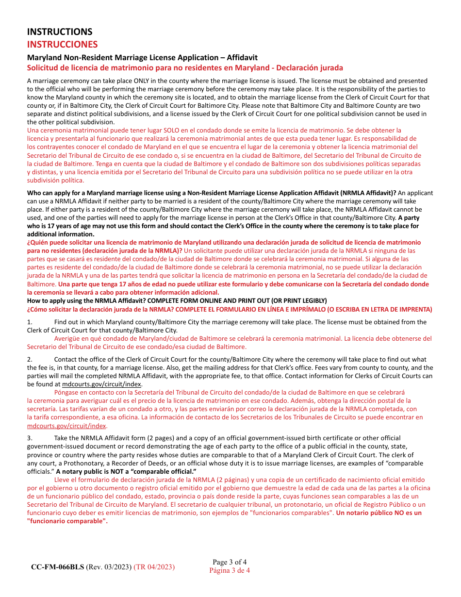 Form CC-FM-066BLS Non-resident Marriage License Application - Affidavit - Maryland (English / Spanish), Page 3