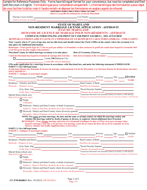 Form CC-FM-066BLF Non-resident Marriage License Application - Affidavit - Maryland (English/French)