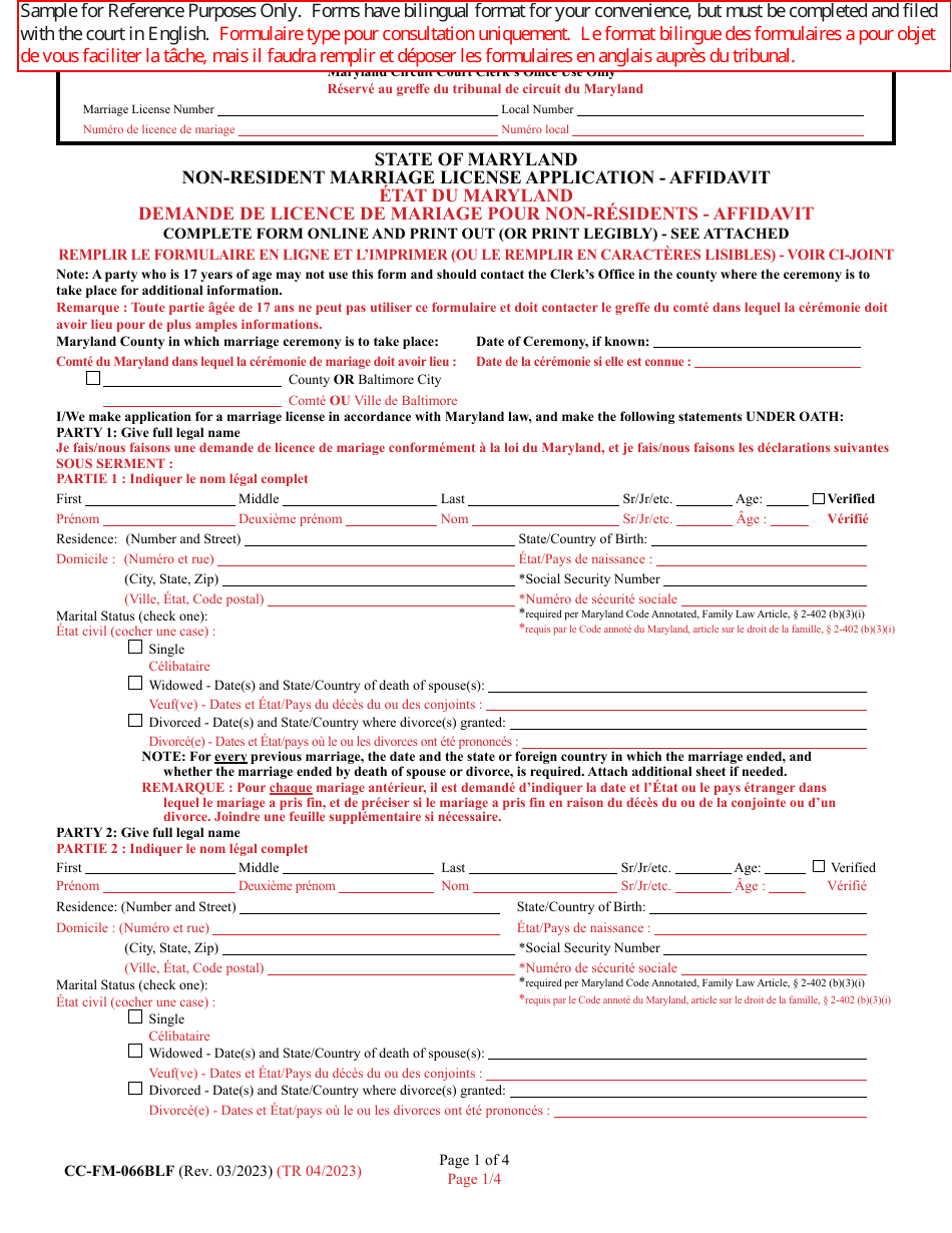 Form CC-FM-066BLF Non-resident Marriage License Application - Affidavit - Maryland (English / French), Page 1