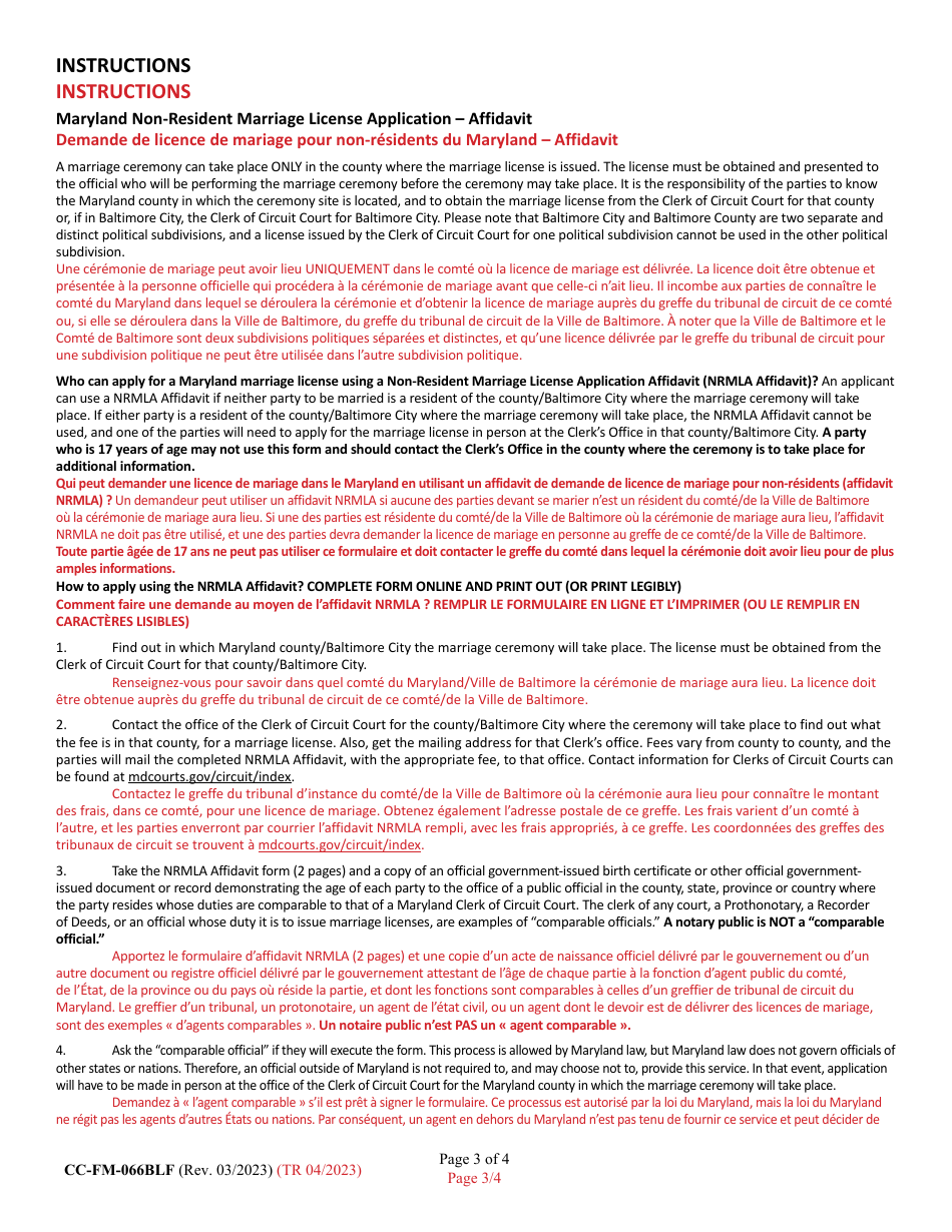 Form CC-FM-066BLF Non-resident Marriage License Application - Affidavit - Maryland (English / French), Page 3