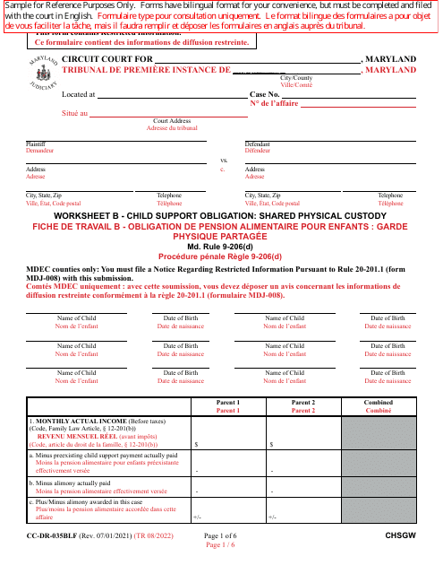 Form CC-DR-035BLF Worksheet B  Printable Pdf