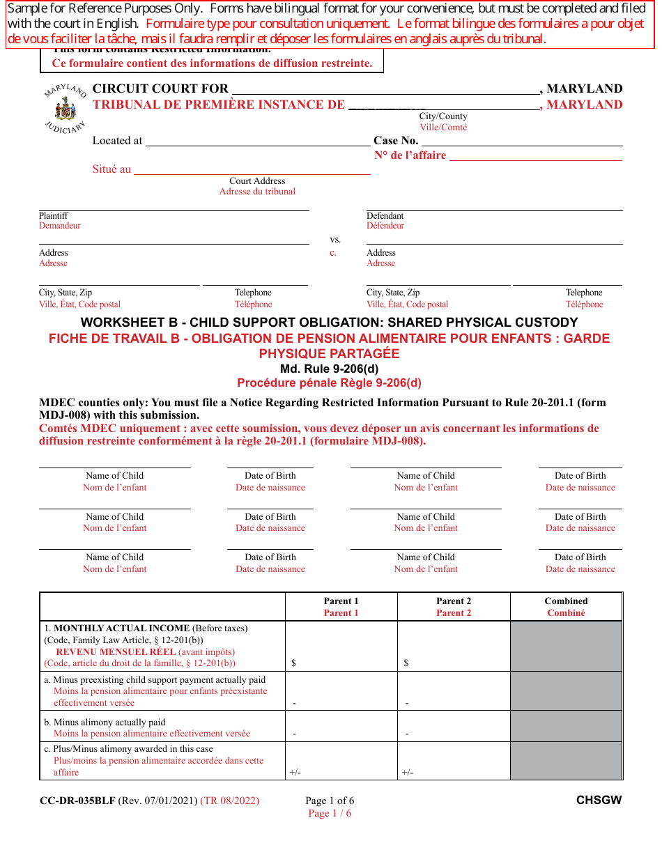 Form CC-DR-035BLF Worksheet B Child Support Obligation: Shared Physical Custody - Maryland (English / French), Page 1