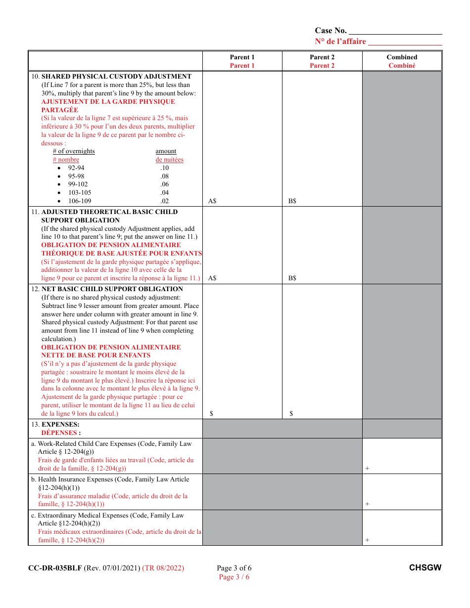 Form CC-DR-035BLF Worksheet B Child Support Obligation: Shared Physical Custody - Maryland (English / French), Page 3