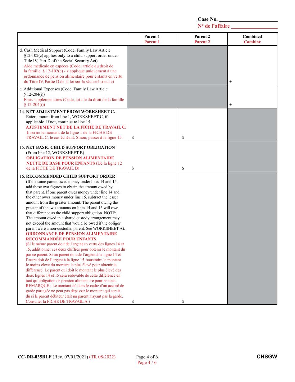Form CC-DR-035BLF Worksheet B Child Support Obligation: Shared Physical Custody - Maryland (English / French), Page 4