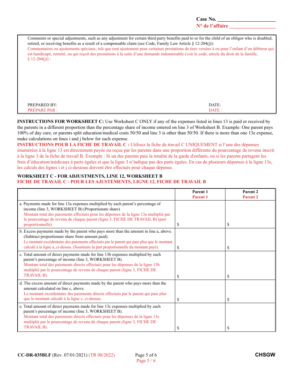 Form CC-DR-035BLF Worksheet B Child Support Obligation: Shared Physical Custody - Maryland (English / French), Page 5