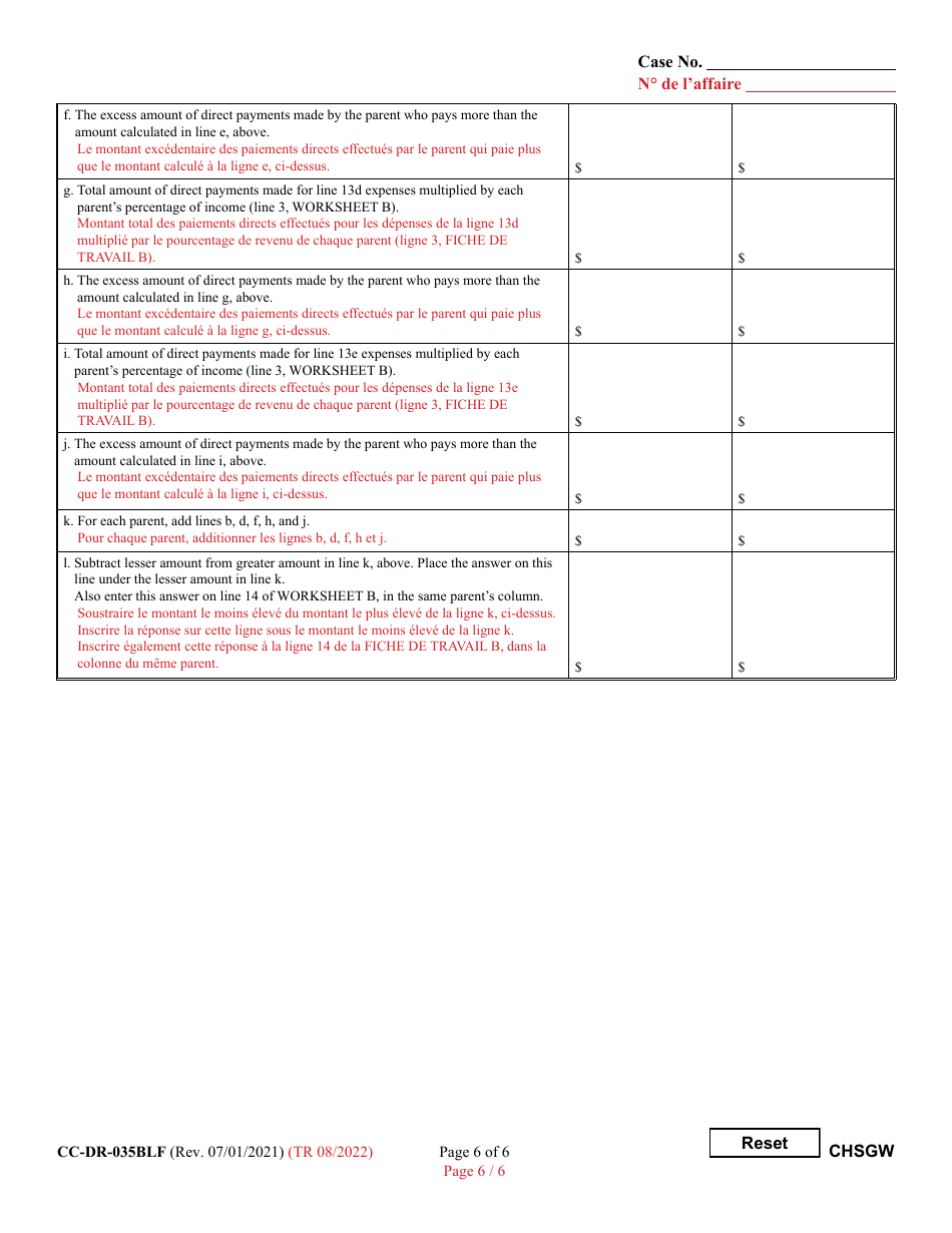 Form CC-DR-035BLF Worksheet B Child Support Obligation: Shared Physical Custody - Maryland (English / French), Page 6