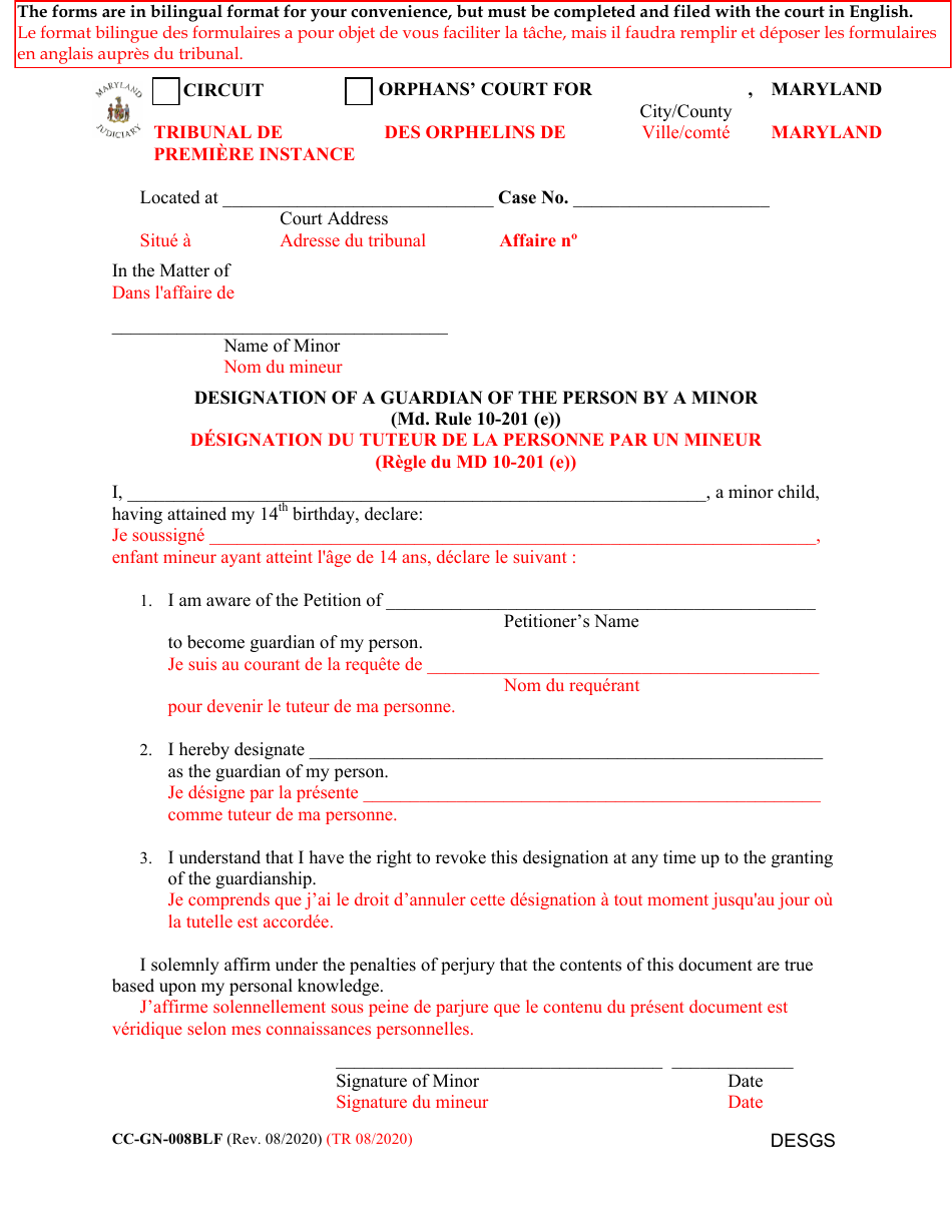 Form CC-GN-008BLF Designation of a Guardian of the Person by a Minor - Maryland (English / French), Page 1