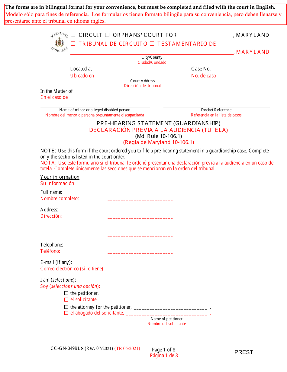 Form CC-GN-049BLS Pre-hearing Statement (Guardianship) - Maryland (English / Spanish), Page 1