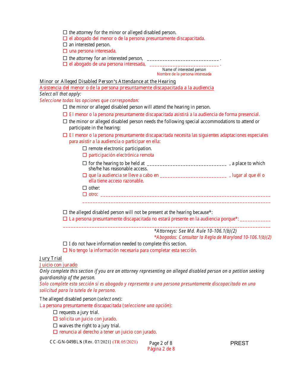 Form CC-GN-049BLS Pre-hearing Statement (Guardianship) - Maryland (English / Spanish), Page 2